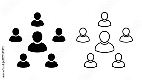 Group of People Icons: A graphic representation of a group of people forming a circle, symbolizing community, teamwork, or social connection. Two variations are shown, one filled and one outlined.