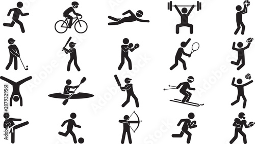 Foto Diverse stick figure athletes engaged in various sports activities against a whi