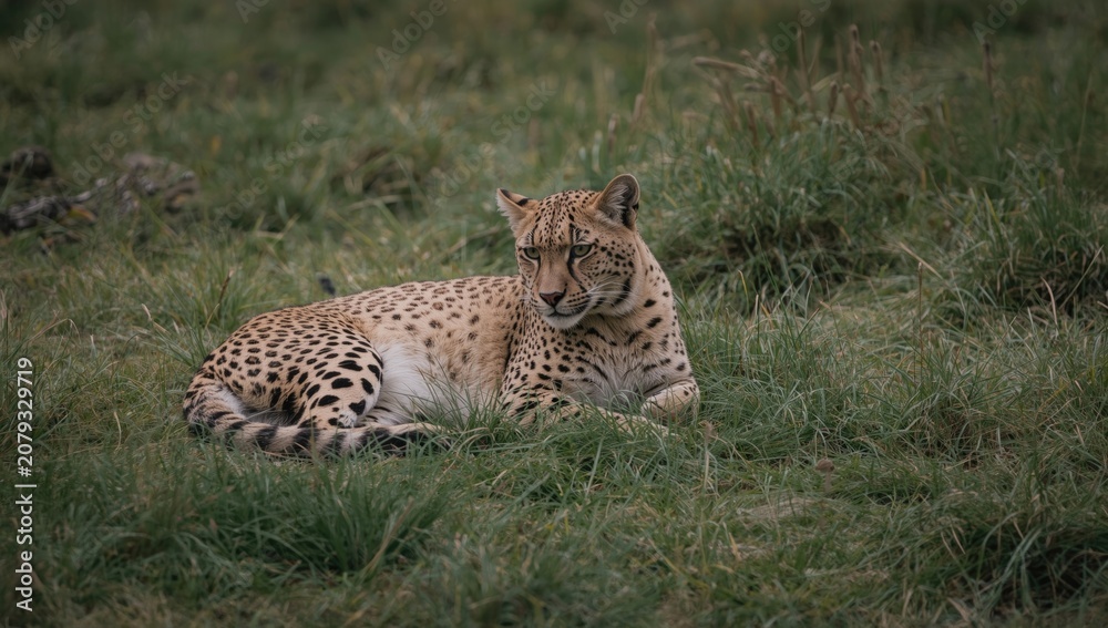 Obraz premium Cheetah resting on green grass in the wild