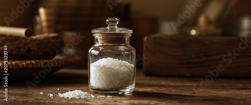 Glass jar of salt on a wood...