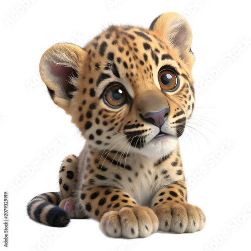 Adorable baby leopard cub with big expressive eyes isolated on white background.