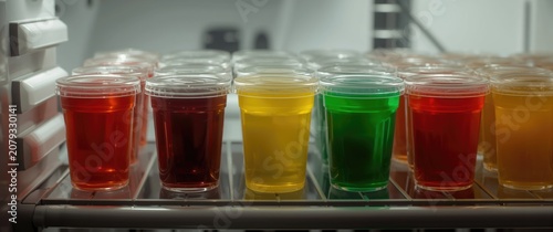 Colorful jello cups arranged in a refrigerator shelf