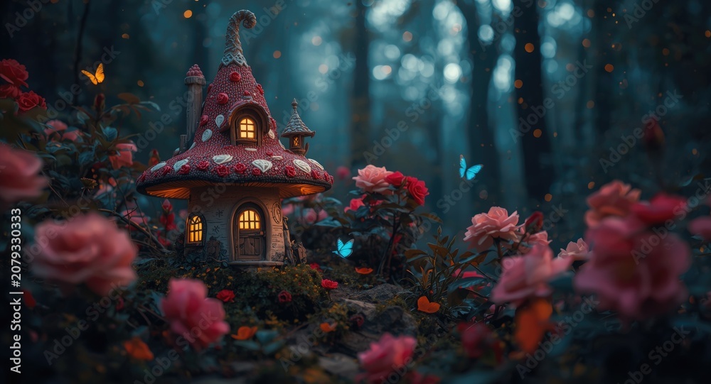 Obraz premium Enchanted fairy tale forest featuring a magical elf mushroom house surrounded by blooming roses and glowing butterflies under a moonlit sky