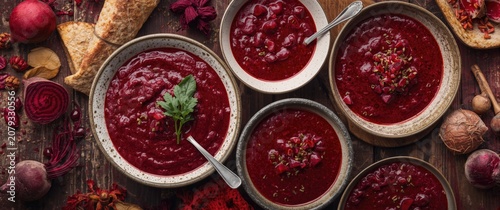 Beetroot soup in various bo...