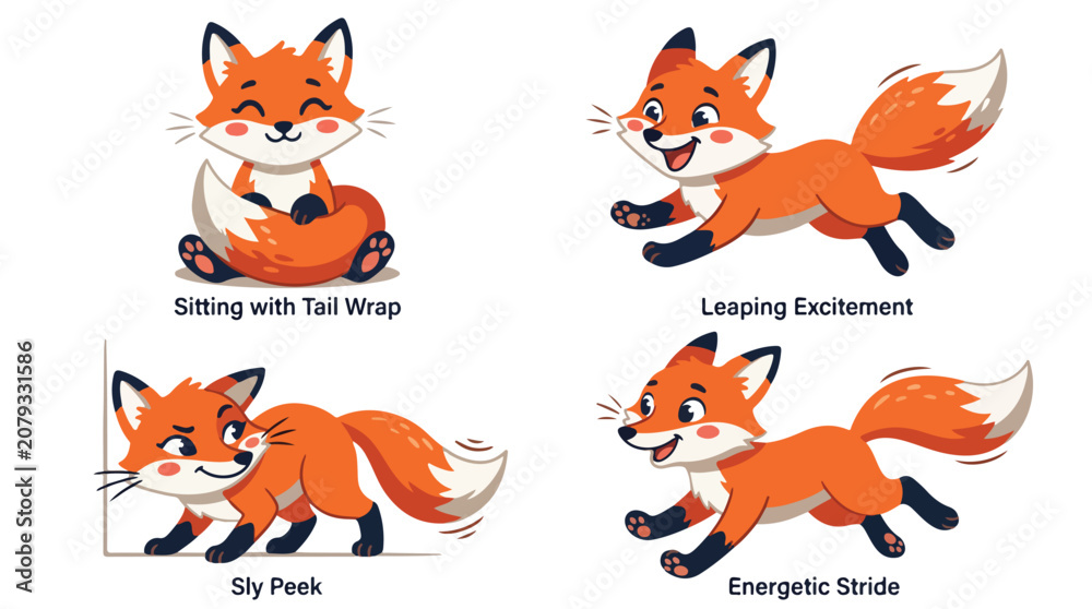 Fototapeta premium Collection of cartoon fox illustrations in various playful poses and expressions