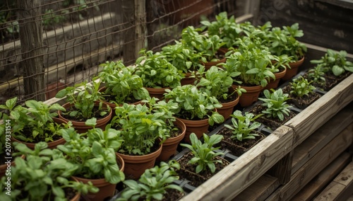 Potted herbs and greens arr...
