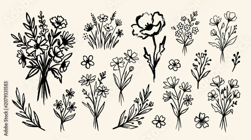 Canvastavla Grunge charcoal or chalk spring summer flower collection on paper