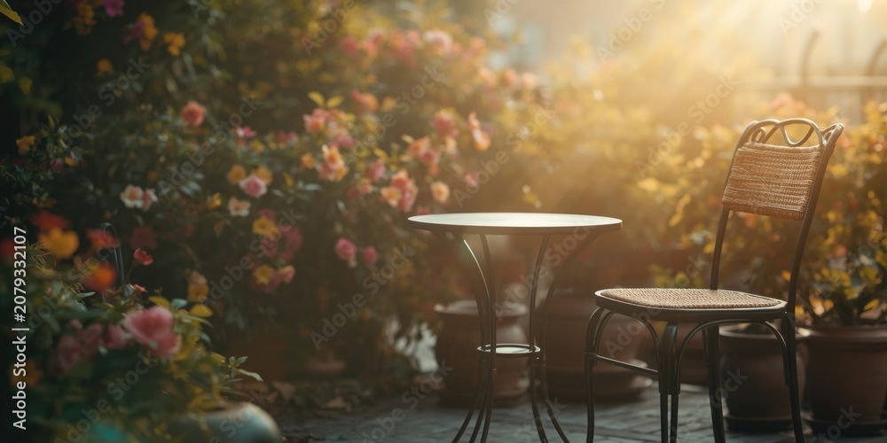Obraz premium Intimate balcony scene showcasing a small table, chair, and flourishing flowers in a toned overlay