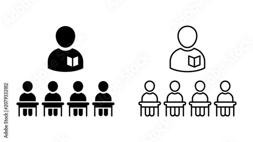 Classroom Study Icon: A simple, modern icon depicting a teacher instructing a group of students seated at desks, symbolizing education and learning.