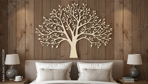 Wooden tree artwork above a...