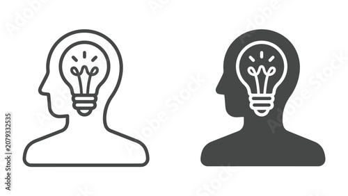 Foto Idea Generation: A graphic illustration depicting a human head outline with a glowing lightbulb inside, symbolizing a brilliant idea, innovation, or sudden insight