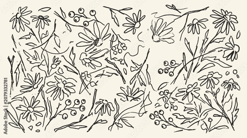 Fototapeta premium Grunge charcoal spring flower collection with summer chalk illustrations