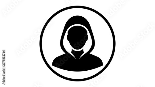 Fotografie User Icon: A minimalist black and white illustration of a person's silhouette wearing a hood, enclosed within a circular frame, symbolizing identity or profile
