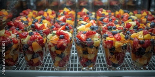 Fresh fruit cups displayed ...