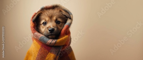Puppy wrapped in an orange ...