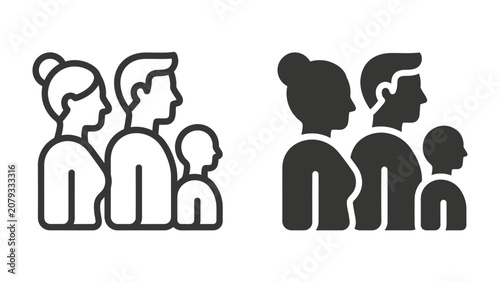 фотографія Family Iconography: A modern and simple depiction of a family unit, showcasing a parent couple and their child in both outlined and solid fill styles, representing familial connections and unity
