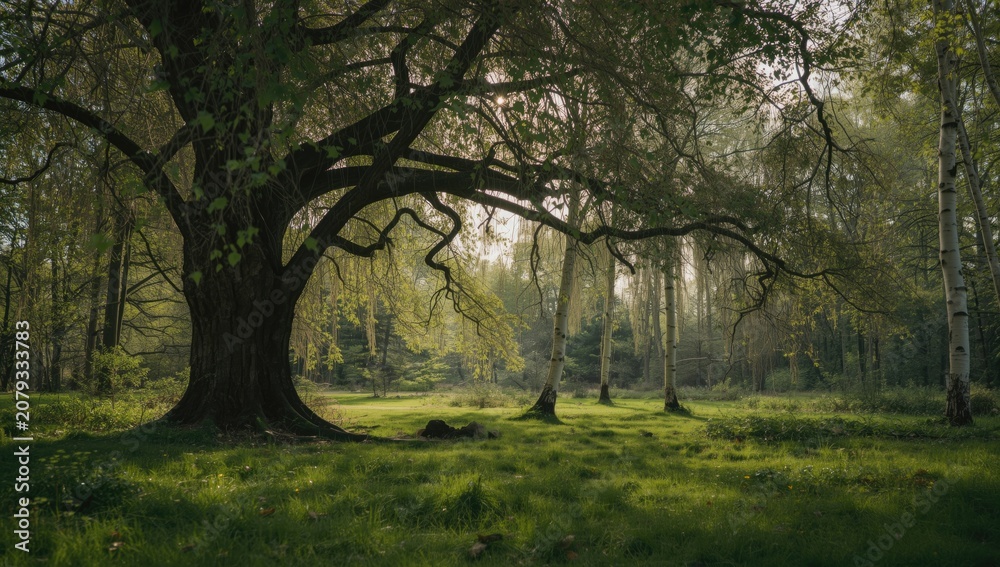 Fototapeta premium Large tree with hanging branches in a forest clearing