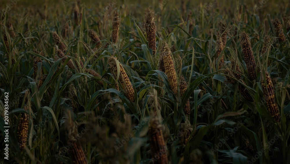 Fototapeta premium Summer cornfield featuring dense stalks and highlighted corn cobs
