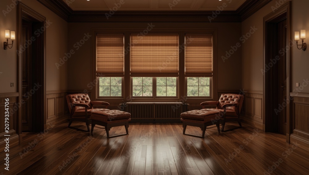 Fototapeta premium Room with polished hardwood floors in brown shades and comforting beige walls