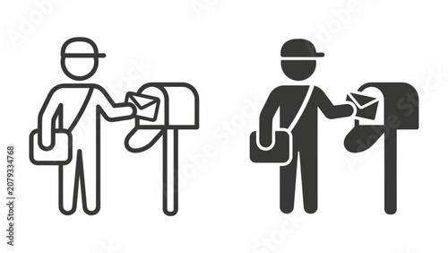 Bild auf Leinwand Mail carrier delivering mail: Two graphic icons depict a mail carrier wearing a cap and a shoulder bag, placing mail into a mailbox, representing postal service and delivery