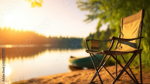 A calm lakeside scene showcasing a single folding chair near tranquil waters at sunset