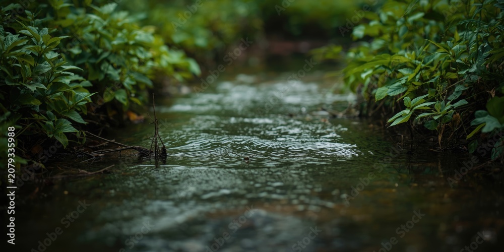 Fototapeta premium placid forest stream surrounded by vivid green plants