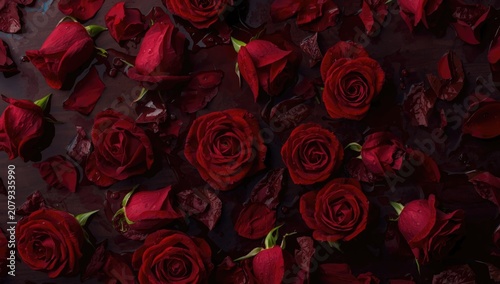 Rich red roses scattered lo...