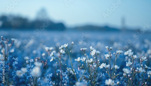White flowers in a blue fie...