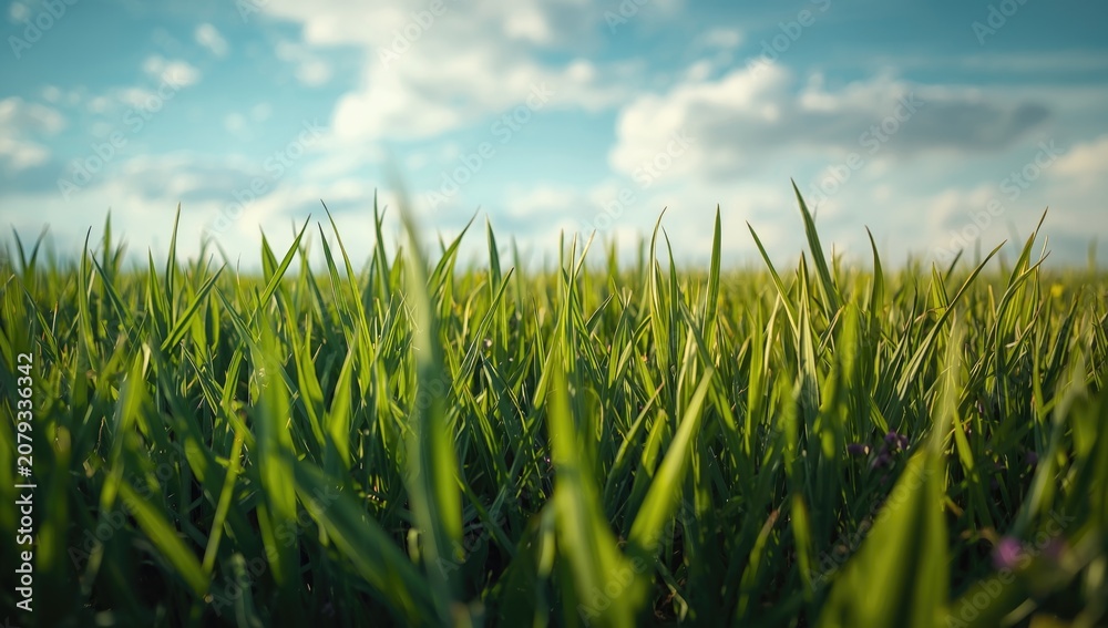 Obraz premium Green grass field under a blue sky with fluffy clouds