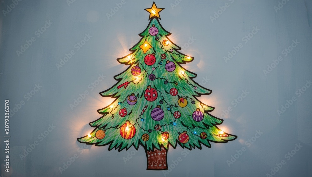 Fototapeta premium Playful Christmas tree drawing featuring glowing lights and decorative baubles for coloring fun