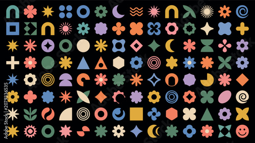 A Comprehensive Collection Of Colorful Minimalist Geometric Shapes Set Against Black Background