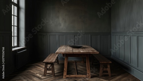 Dark dining room with woode...