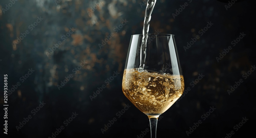 Fototapeta premium White wine pouring into a glass over a dark rustic textured background