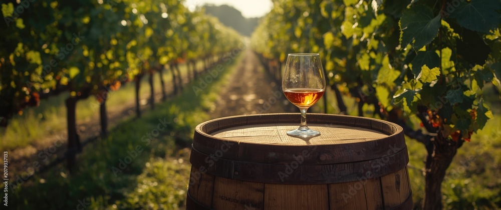 Fototapeta premium Vintage wooden barrel holding cognac glass surrounded by tranquil vineyard scenery