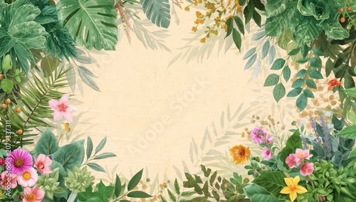 Summer garden themed wall design with textured foliage and colorful blooms