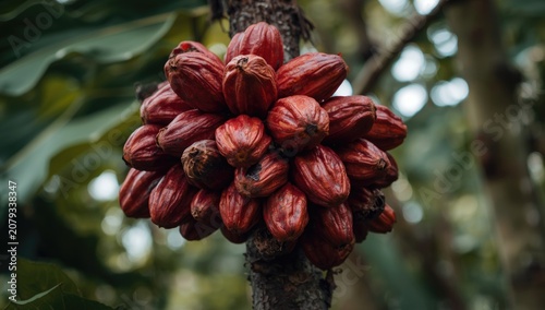 Cocoa pods hanging from a t...