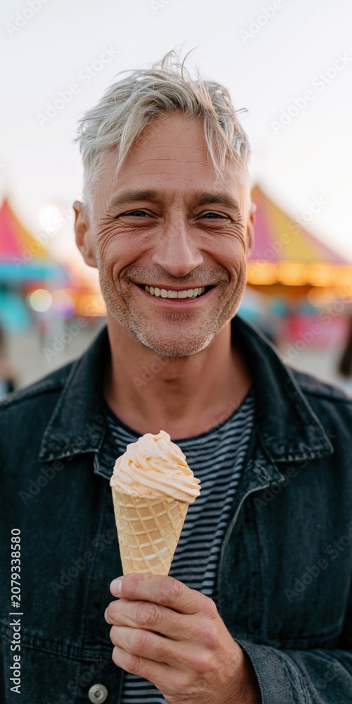 Fototapeta premium Smiling middle aged man holding an ice cream cone at a carnival for social media banner and background