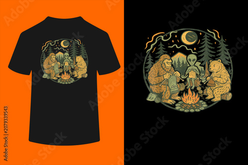 Campfire Knitting Friends Retro Bigfoot Alien Bear Knitting T-Shirt
