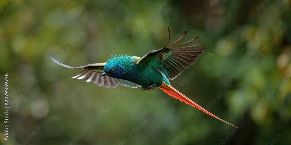 Fototapeta premium Resplendent Quetzal in dynamic flight displaying dazzling bright plumage with contrasting green surroundings