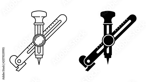 Εκτύπωση καμβά Circumference Scriber Tools: Two monochrome icons of a circumference scriber, one outlined in white and the other in solid black, ready for graphic design applications