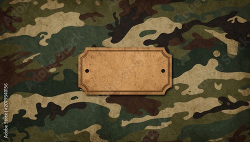 Blank wooden sign on a camo...