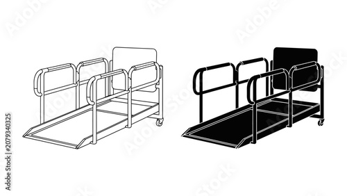 Schilderij op canvas Accessible Ramp and Guardrails: A medical or mobility ramp with sturdy guardrails, presented in both line art and silhouette for versatile design use, ensuring safe passage and accessibility