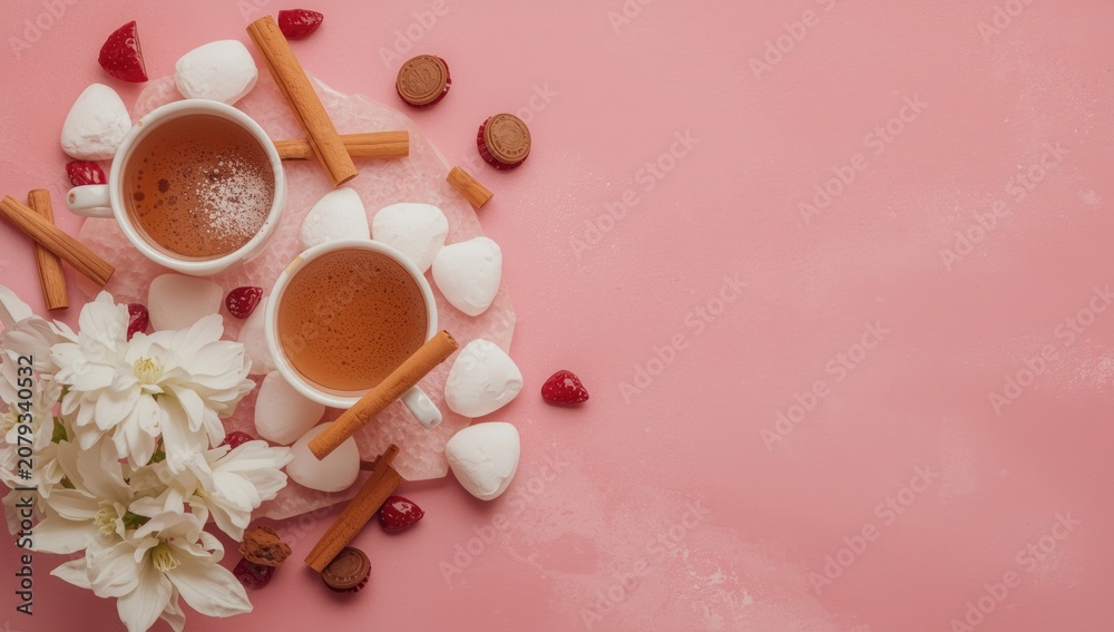 Fototapeta premium Cups of tea with marshmallows and flowers on a pink background
