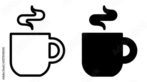 Obraz na plátne Hot Coffee Cups: A graphic representation of two coffee cups, one outlined and one solid black, with steam rising from each, symbolizing warmth and refreshment