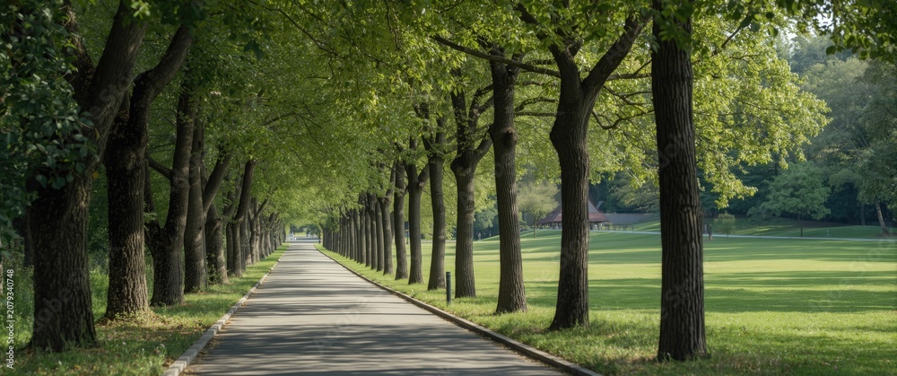 Fototapeta premium Tree-lined path through a green park on a sunny day