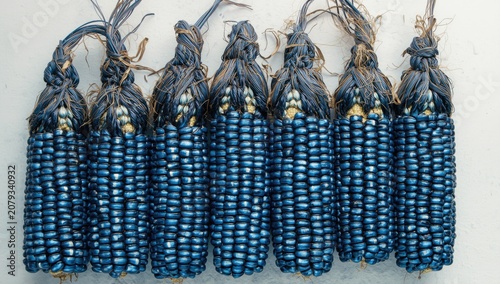 Blue corn on cobs arranged ...