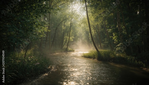 Sunlit riverside environmen...