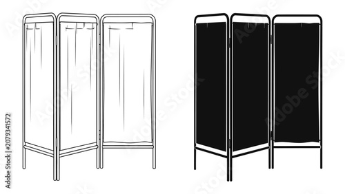 Folding Screen Design: A set of folding screens, one in a white outline sketch and the other in black, showcasing a simple yet elegant design with fabric panels.