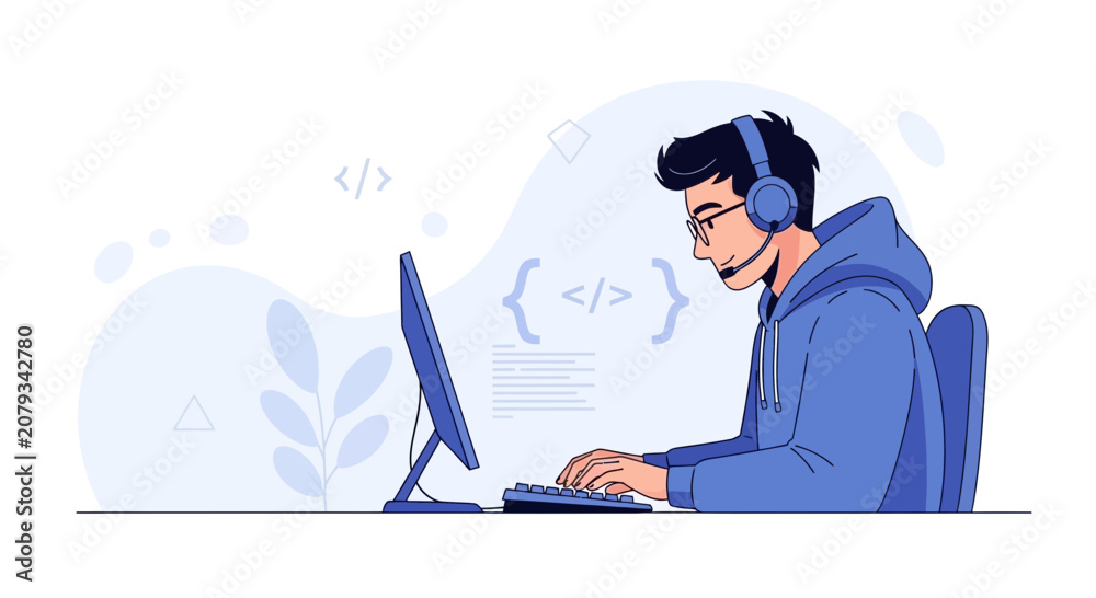 Obraz premium Programmer Coding on Computer Wearing Headset - Vector Illustration for Technology and Development Concepts