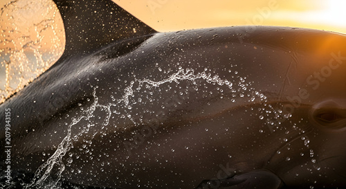 Dolphin or Whale Breaching Water Splashes Golden Hour Sunset
